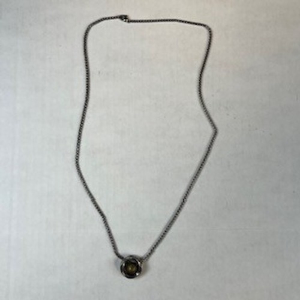 Greek Key Interlocking Ring Necklace Silver Tone Box Chain Bronze Orb Pendant